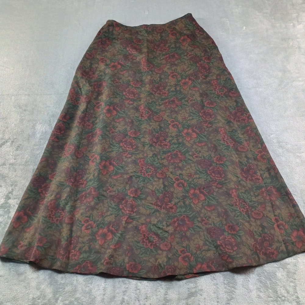 Lauren Ralph Lauren Silk Maxi Skirt Womens 10 Floral Burgundy Dark Academia Silk